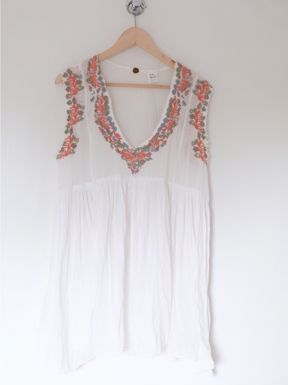 FP One White Cotton Sleeveless Embroidered Gauze Tunic Boho Festival